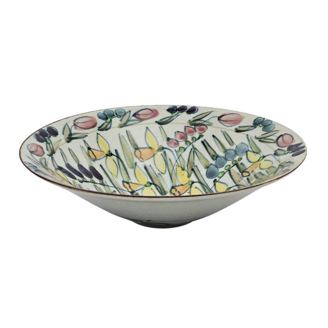 Large Hand Painted Floral Studio Pottery Porcelain Centerpiece Bowl 11" For Sale In San Francisco - Image 6 of 16