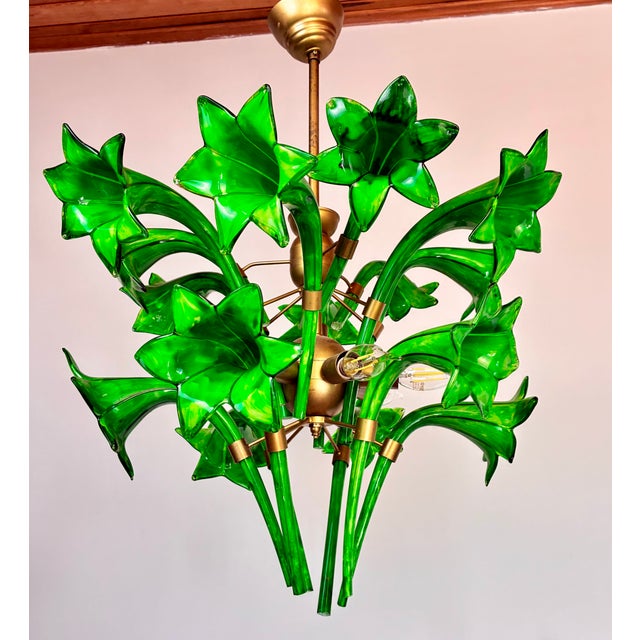 1980s Vintage Italian Green Murano Style Hand Painted Lily Flower Chandelier Flush Mount For Sale - Image 5 of 13