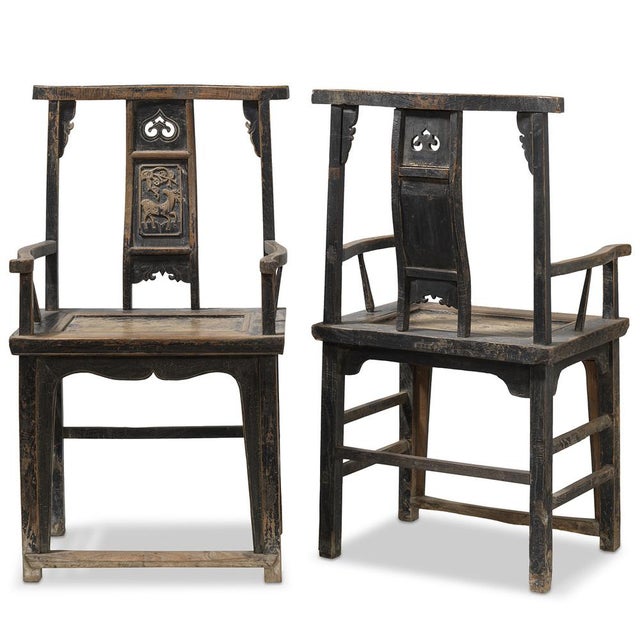 Set of Antique Chinese Elm Armchairs For Sale - Image 3 of 9