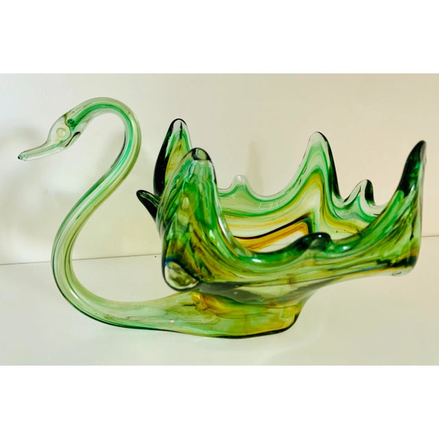 Very decorative 1970s green slag glass bowl shaped like a gracious swan. The hand blown bowl has an unique square shape...