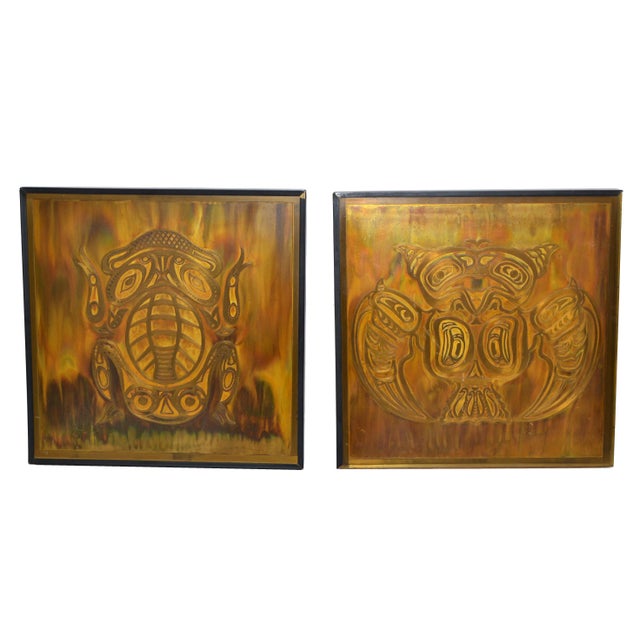 Bernhard Rohne Vintage Acid Etched Brass Owl & Frog Panel Framed Art - Two For Sale - Image 13 of 13