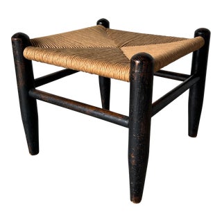 Vintage Handmade Rush Seat Wood Footstool For Sale