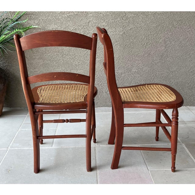 Circa 1920 Solid Oak Wood & Cane Seat Two-Rung Curved Ladderback Accent Chairs – A Pair For Sale - Image 12 of 18