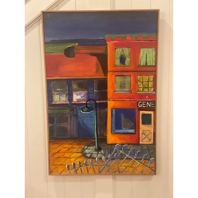 Original Acrylic Painting Titled "The Corner General Store", this modern style painting of a city street has a partial...