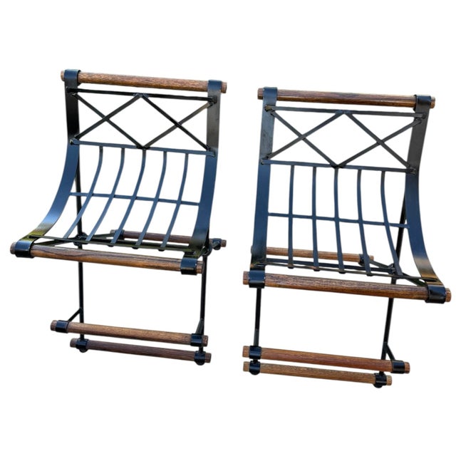 Mid 20th Century Pair of Campaign "X" Wrought Iron and Oak Bar Stools After Cleo Baldon by Continental Metal Furniture Co For Sale In Phoenix - Image 6 of 13