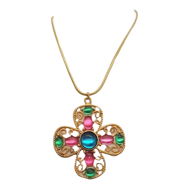 1992 Vintage Signed Napier Book Piece Pastel Cabochon Pendant Necklace For Sale