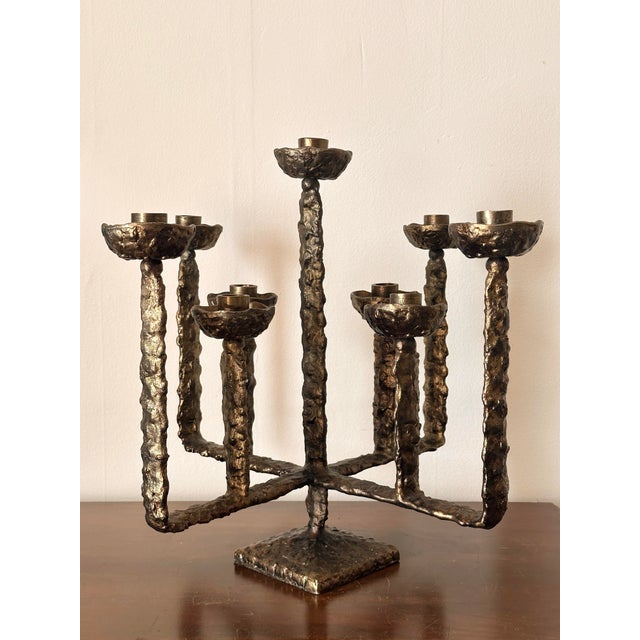 A stunning brutalist Candleabra that could be a menorah that looks like melting gold. Quite large at an 18” cube this is a...