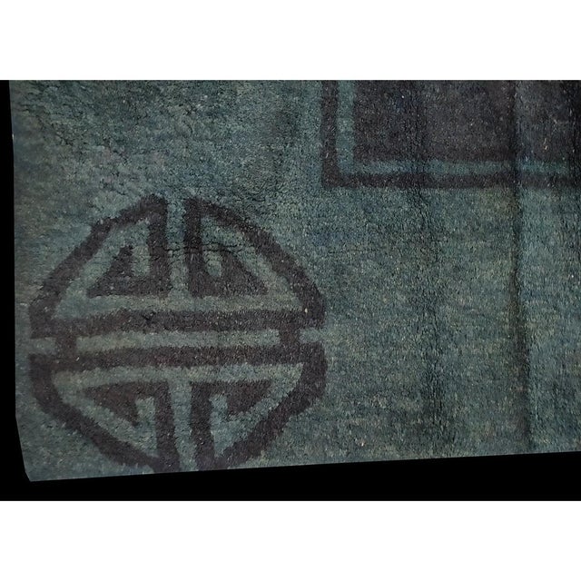 Art Deco 1930s Blue Solid Shou Symbols Floral Antique Chinese Peking Knotted Wool Rug For Sale - Image 3 of 10