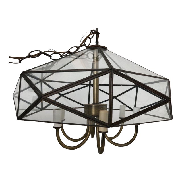 Mid 20th Century Vintage Brass Octagon Glass Light Fixture For Sale
