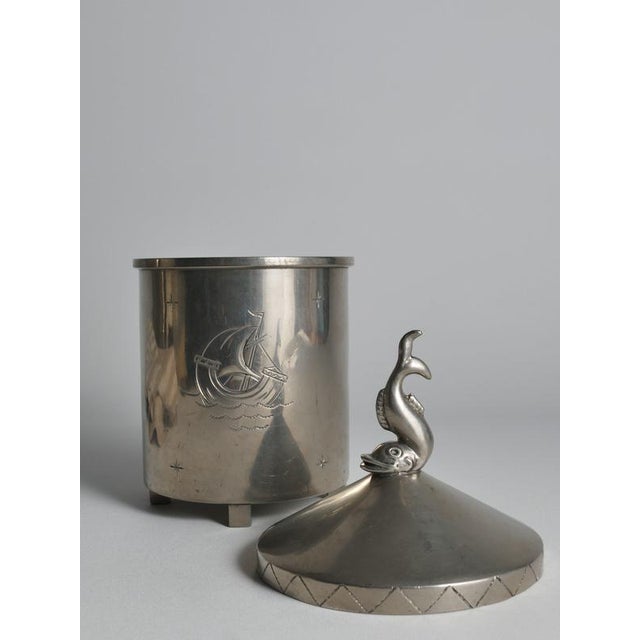 Swedish Pewter Lidded Jar with Sculptural Fish Finial and Ship Engraving, 1928 For Sale - Image 12 of 18