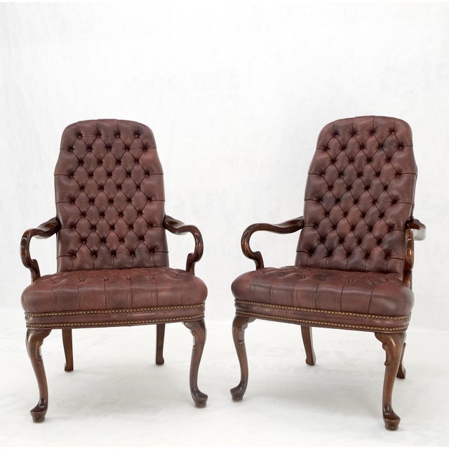 Hickory Chair Furniture Company Pair Burgundy Leather Queen Anne Tufted Upholstery Walnut Armchairs MINT For Sale - Image 4 of 17