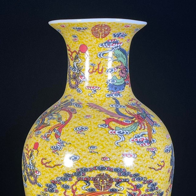 Paint Monumental Vintage Chinese Yellow Ground Famille Rose "Dragon & Phoenix" Vase For Sale - Image 7 of 10