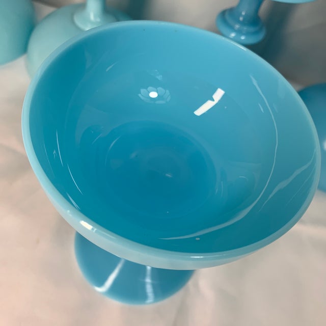 Portieux Vallerysthal Vintage French Turquoise Blue Opaline Glass Champagne Coupes or Sherbet Glasses, by Portieux Vallerysthal Set of 10 For Sale - Image 4 of 9