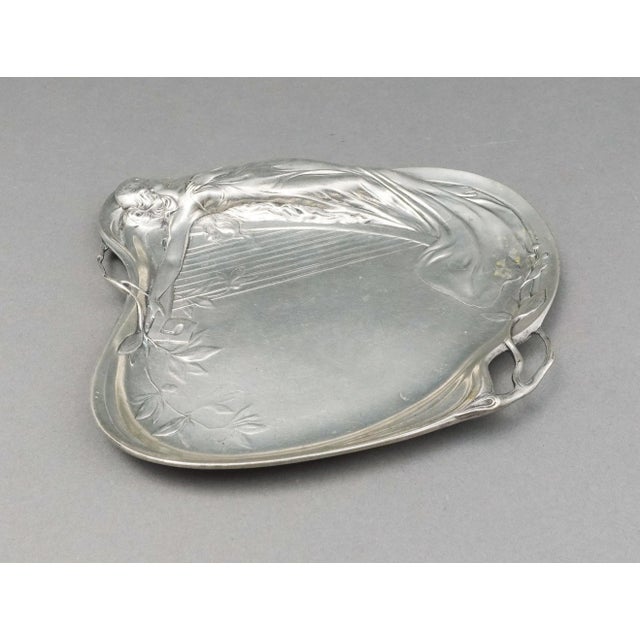 Early 19th Century Antique Achille Gamba Art Nouveau Maiden & Harp 1155 Pewter Tray Plate For Sale - Image 5 of 9