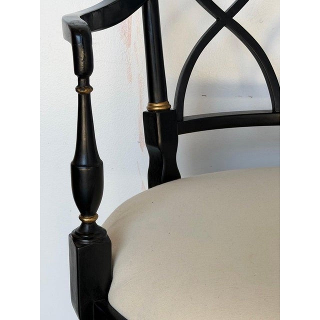 Set of Ten Regency-Style Ebonized Dining Chairs With Linen Seats For Sale - Image 13 of 16