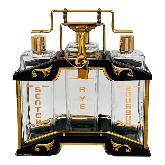 Mid 20th Century Mid-Century Modern Black and Gold Tantalus Decanter Set, Liquor Caddy, Portable Bar For Sale