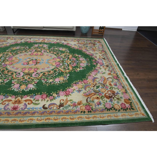 1970s Vintage Persian Handmade Wool Cotton Green Area Rug For Sale In San Francisco - Image 6 of 11