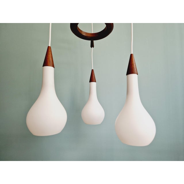 Tan Scandinavian Chandelier in Teak and White Satin Glass, 1960s For Sale - Image 8 of 14