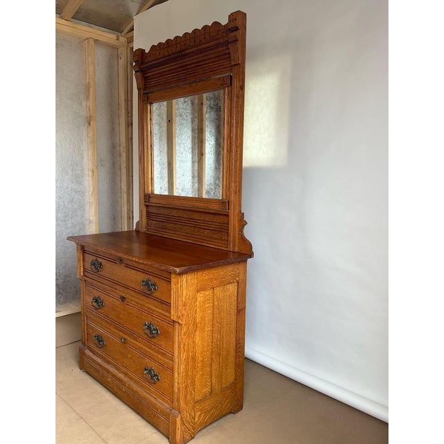American Antique Oak Wood Eastlake 3 Drawer Dresser With Large Mirror For Sale In Monterey, CA - Image 6 of 9