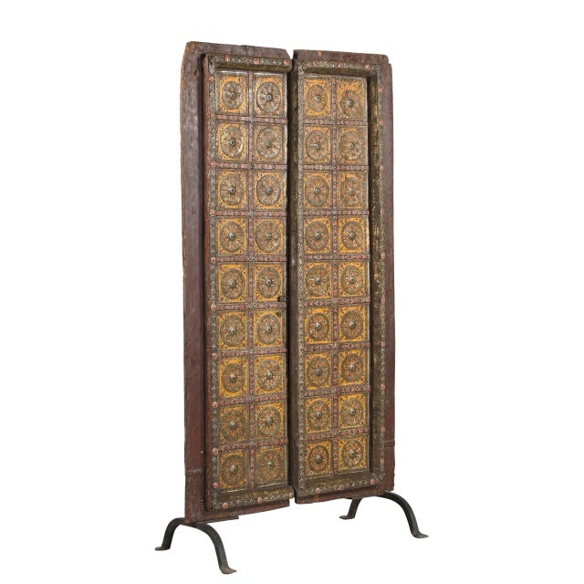Indian Antique Indian Painted Teakwood and Brass Door on Iron Stand For Sale - Image 3 of 3