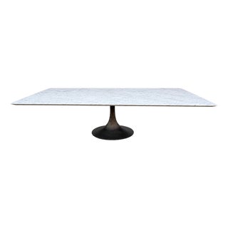 Rh Aero Stone Rectangular Dining Table – 120" | Italian Carrara Marble Top | Cast Iron Pedestal Base For Sale