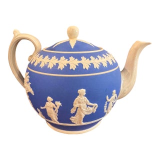 Early 20th Century Copeland Spode Jasperware Style Antique Blue and White Teapot For Sale