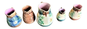 1890s Butterfly Spout Arts & Crafts Etruscan Majolica Pitchers - Set of 5