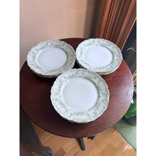 Ceramic Late 19th Century Elite Works Limoges France Porcelain Salad Plates (9) Green Floral Garland Scalloped Edge For Sale - Image 7 of 9