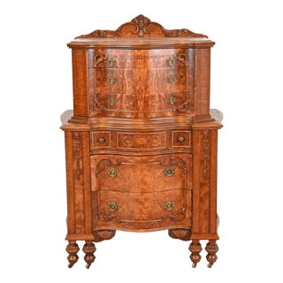 Antique French Art Deco Burled Walnut Inlaid Marquetry Highboy Dresser, Newly Refinished For Sale