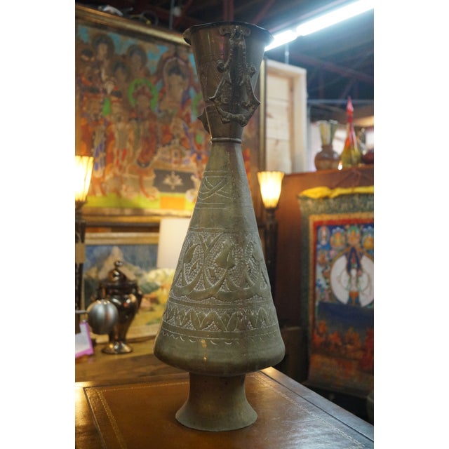 Persian 1960s Tall Etched Brass Vase For Sale - Image 3 of 7