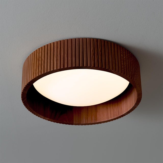 Tambo Flush Mount Ceiling Light - Glass Diffuser, Weathered Brass, Dark Walnut, Dimmable, 14" For Sale - Image 4 of 14