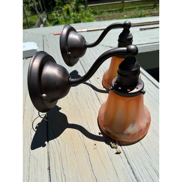 1920s Pair of Antique Brass Sconces With Vintage Nuart Shades For Sale - Image 5 of 7