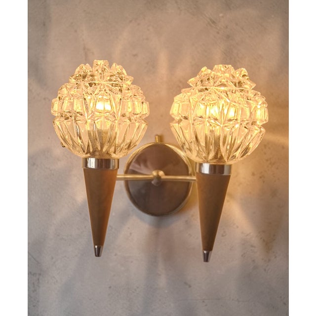 Wood Double Wall Sconce in Molded Glass and Teak, 1960s For Sale - Image 7 of 7