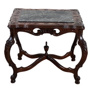 Antique French Louis XV Black Marble Top Stand With X Stretcher C. Late 19th Century For Sale
