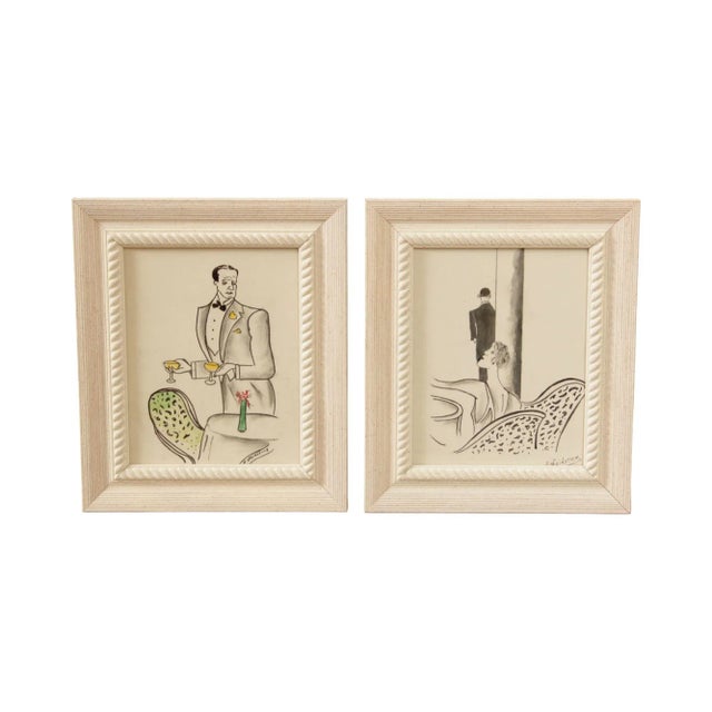 Vintage Art Deco Style Cafe Illustration, Signed - A Pair For Sale - Image 13 of 13