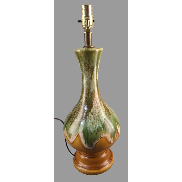 Mid-Century Modern Mid-Century Modern Retro Glazed Pottery Earth-Tones Green Brown Table Lamp For Sale - Image 3 of 6