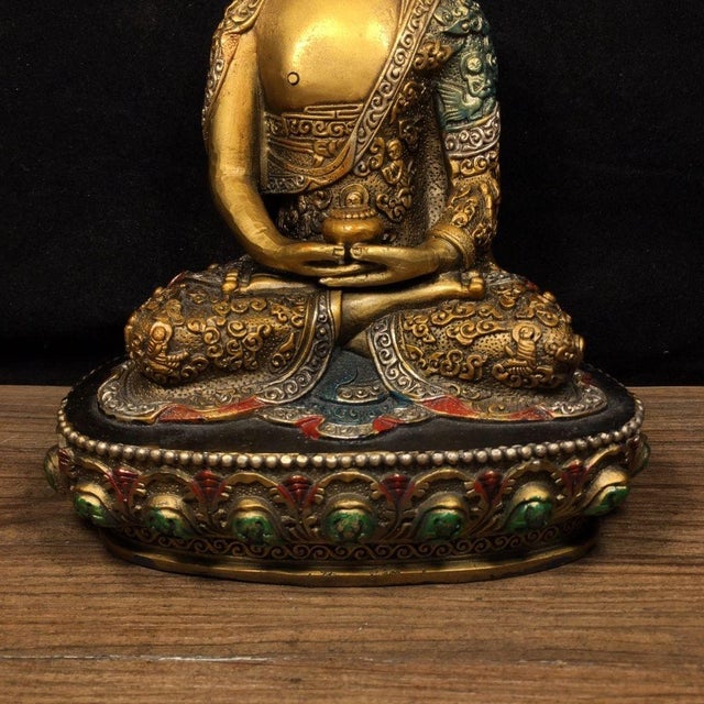 Vintage Gilt Brass Shakyamuni Buddha Statue With Polychrome Robe & Lotus Base For Sale - Image 4 of 9
