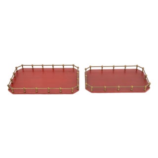 Modern Brass Galleried Wood Serving Trays, 2 For Sale