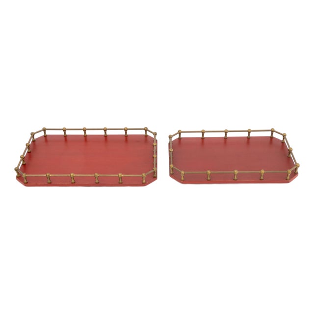 Modern Brass Galleried Wood Serving Trays, 2 For Sale