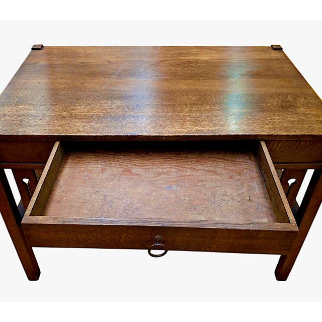 Brown Arts & Crafts Period Tiger Oak Library Desk For Sale - Image 8 of 8