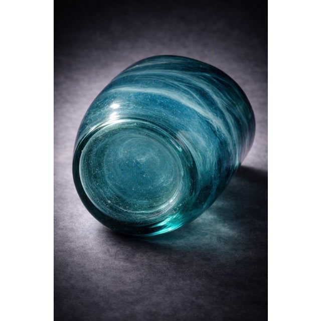 Late 20th Century Hand-Blown Blue-Green Art Glass Vase – Organic Wavy Form Aqua Decorative Vessel For Sale - Image 4 of 5