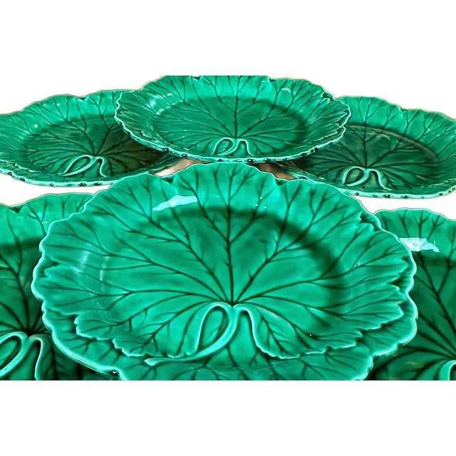 This is a beautiful set of mid 20th Century vintage majolica Wedgwood cabbage plates. They are approximately 8 inches....