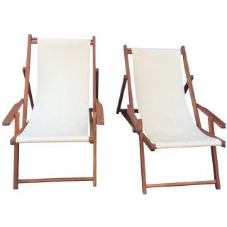 Wood Slingback Canvas Chairs - A Pair For Sale