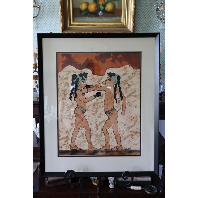 Mid-Century Modern 1970s Masakis Signed Batik After the Akrotiri “Boxing Children” Fresco For Sale - Image 3 of 18