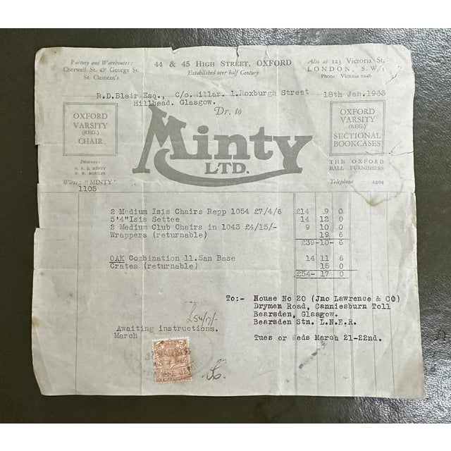 Super rare and highly collectable minty oxford three piece sofa and pair of armchairs suite along with the original 1933...