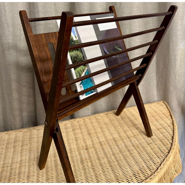 Vintage American made 1940s Mid Century Modern, folding design, wood magazine rack.