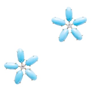 Turquoise and Diamond Stud Flower Earrings For Sale