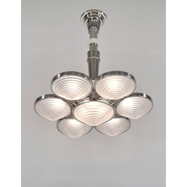 Georges Leleu French Art Deco Chandelier 1930s - Nickeled Bronze 6-Light Stepped Cone For Sale - Image 6 of 17
