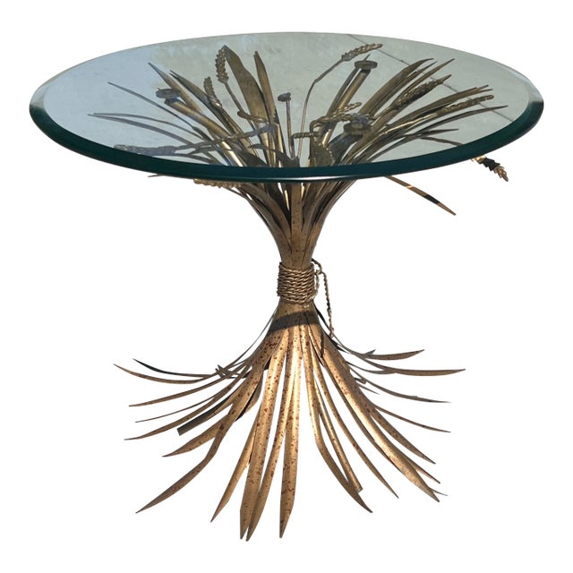 1960s Mid Century Modern Attributed to Coco Chanel Sheaf of Wheat Accent Glass Metal Table For Sale