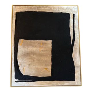 Original Modern Abstract Black & Neutral Painting With Gold Frame – 24” X 20” by Artist "Marek" For Sale